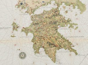 Peloponnesus, nunc Morea Χειρόγραφος χάρτης από τον πορτολανικό άτλαντα του Battista Agnese, περ. 1554–1556 Βενετία, Biblioteca Nazionale Marciana, Ms. It. IV, 62 (= 5067)